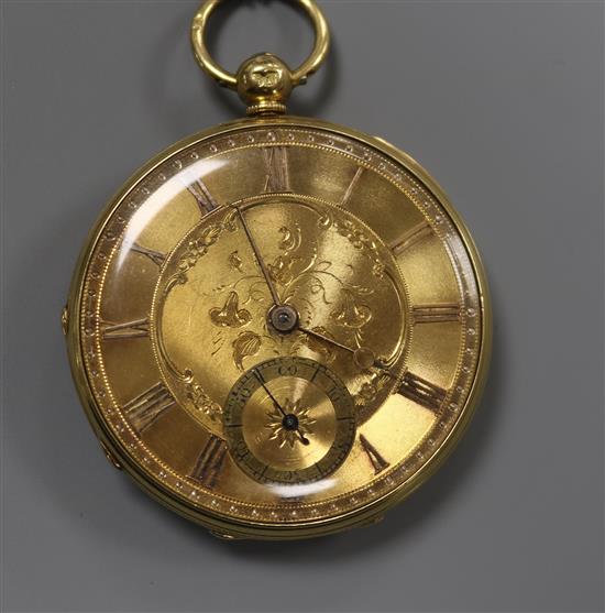 A Victorian 18ct open face mid size keywind pocket watch, with engraved Roman dial.